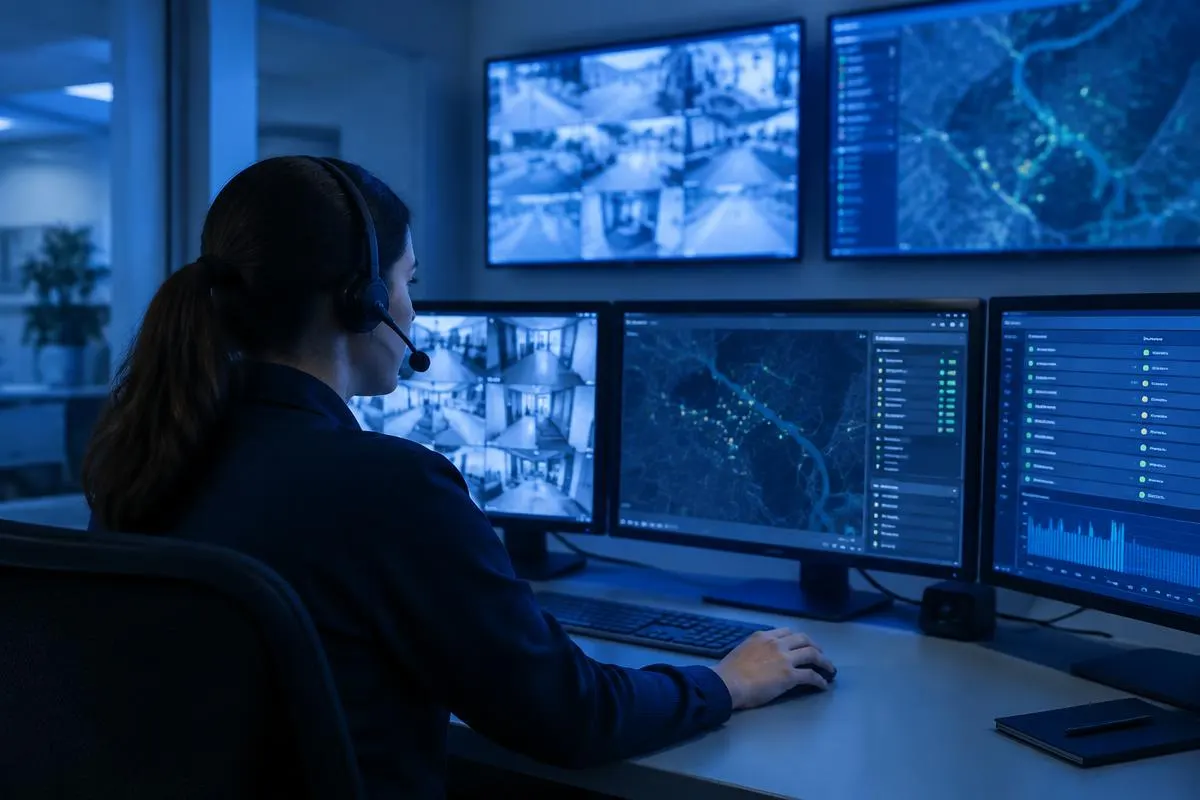 Mitarbeiterin mit Headset arbeitet in einer Leitstelle an mehreren Monitoren