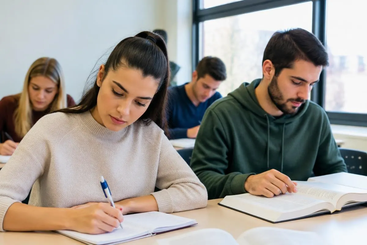 Teilnehmende lernen konzentriert mit Büchern und Notizen in einem hellen Schulungsraum